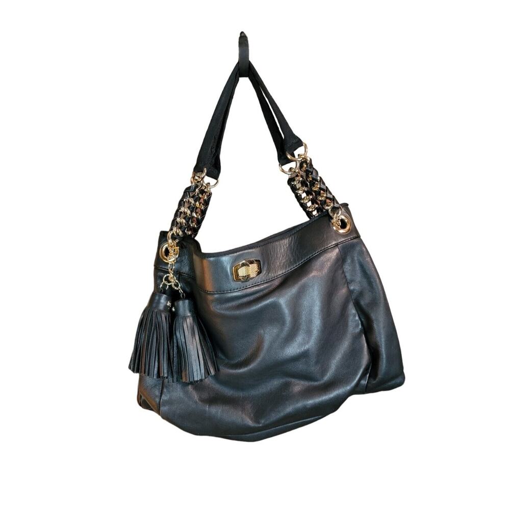Ann Taylor Black Leather Gold Chain Ribbon Tassel Handbag Purse Turnlock Clasp